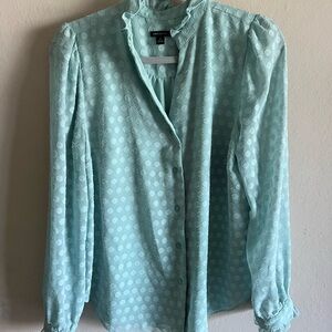 Ann Taylor Teal Polka Dot Sheer Sleeve Blouse